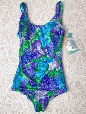 Vintage 1980s Maxine of Hollywood Women's 12 Colorful Waves One Piece Swimsuit